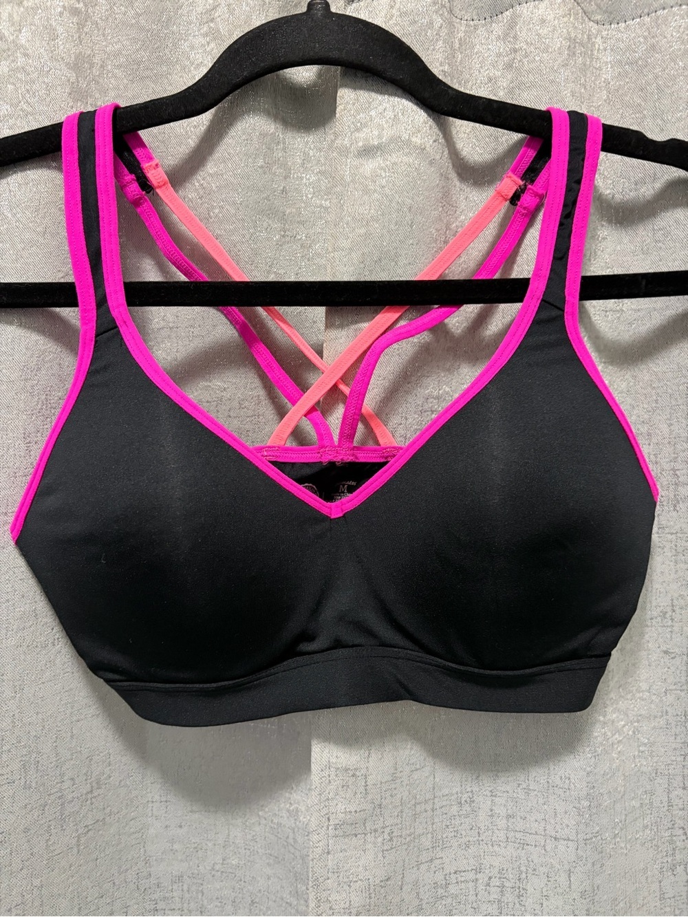 Black & Hot Pink Padded Sports Bra with Crisscross Back M